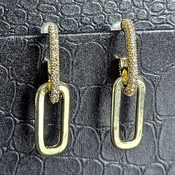 Gold Rhinestone Crystal Double Loop Drop Post Stud Earrings Quiet Luxury Preppy - Picture 1 of 6